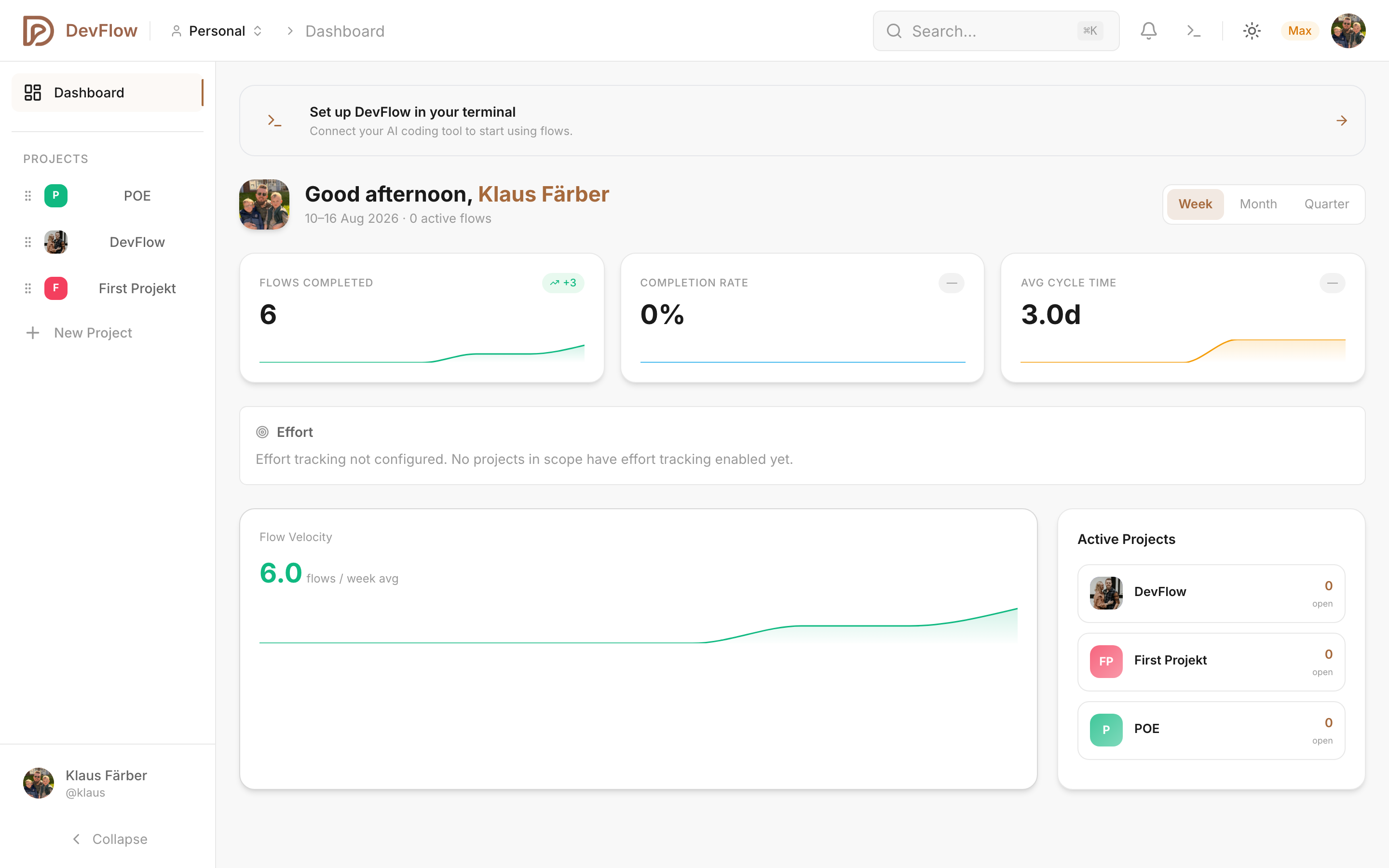 DevFlow dashboard with organization overview and team stats