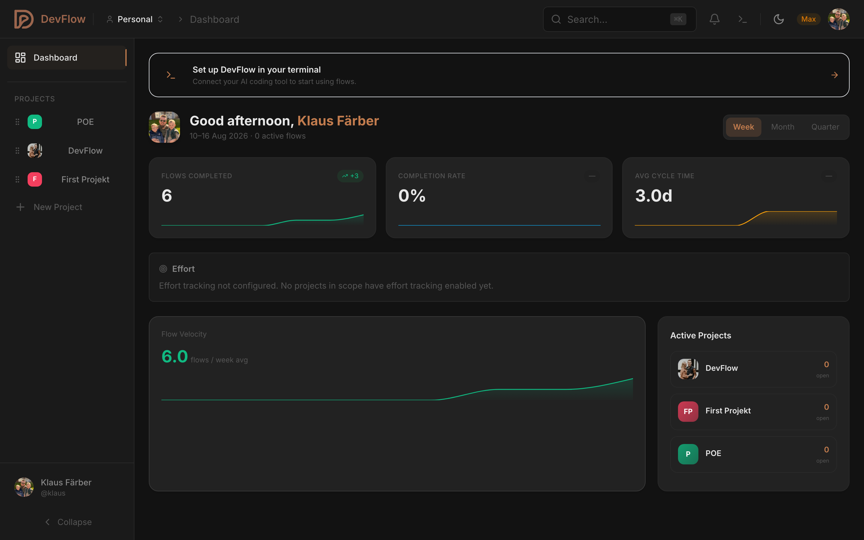 DevFlow dashboard with organization overview and team stats