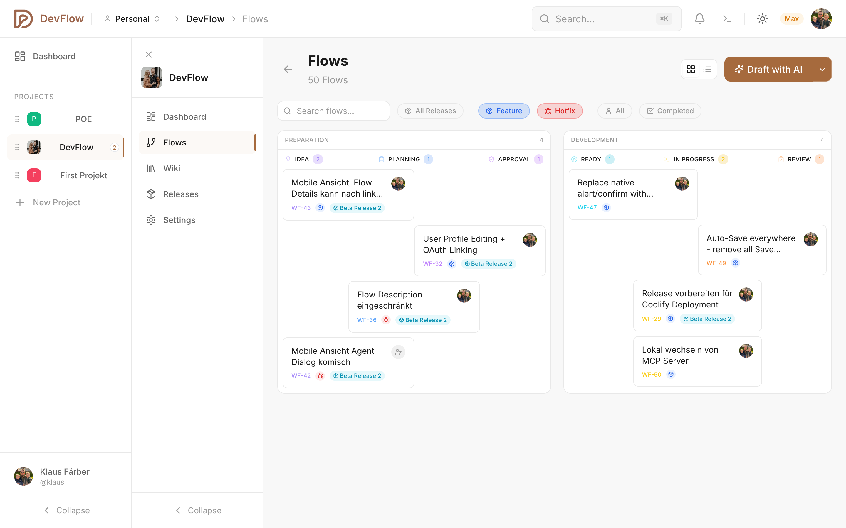 DevFlow Kanban board showing flows in different states