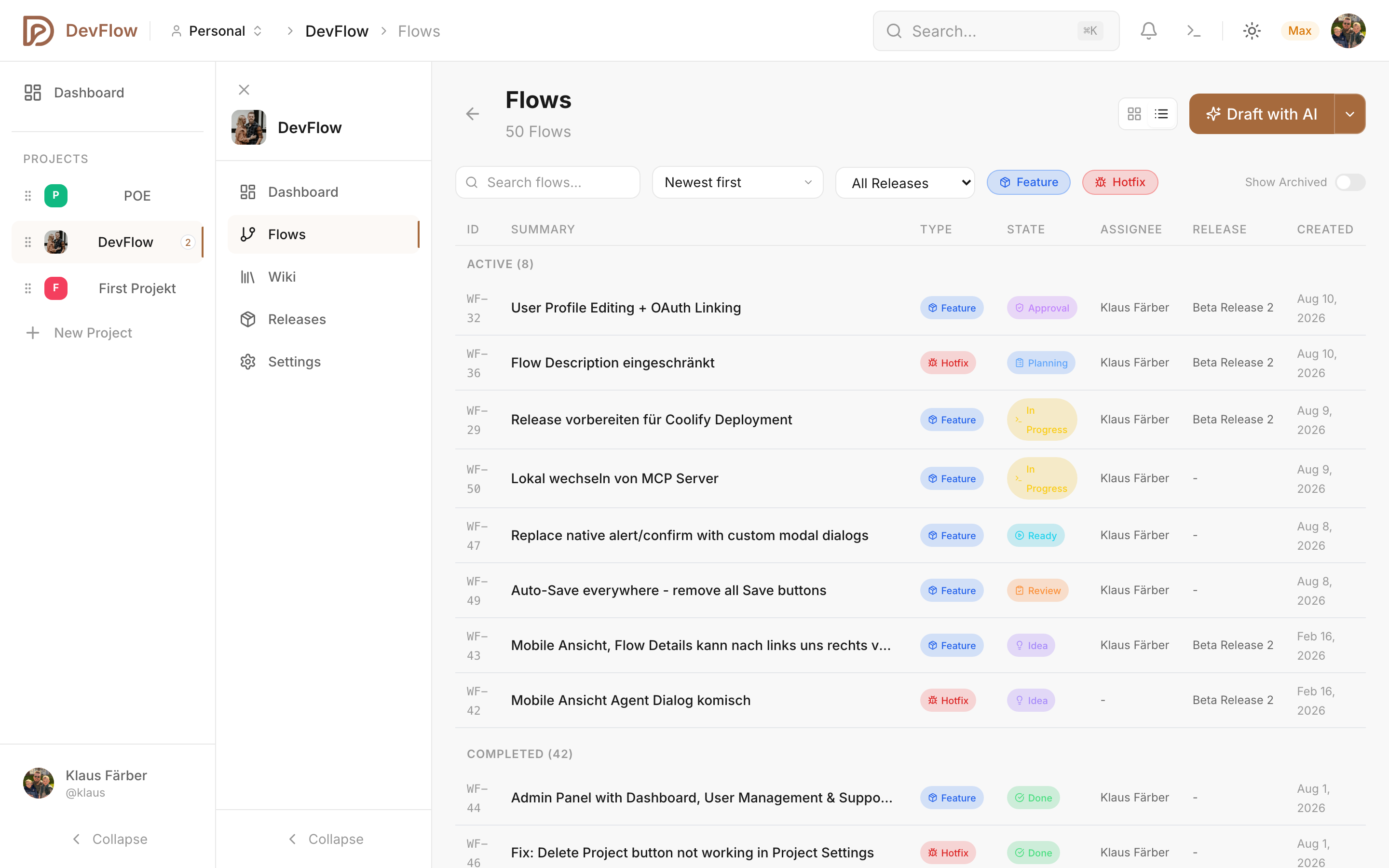 DevFlow flows list view with filtering and sorting