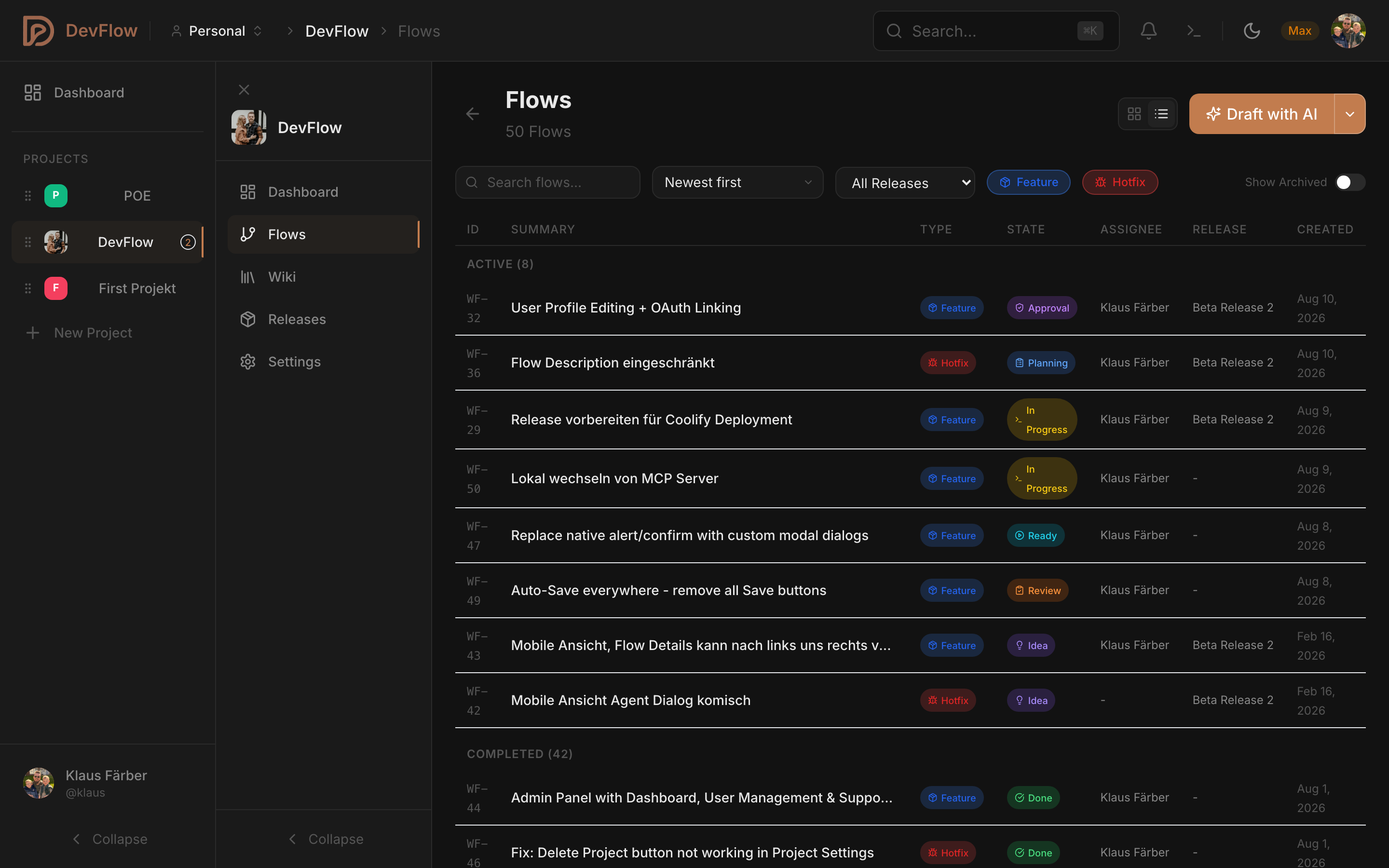 DevFlow flows list view with filtering and sorting