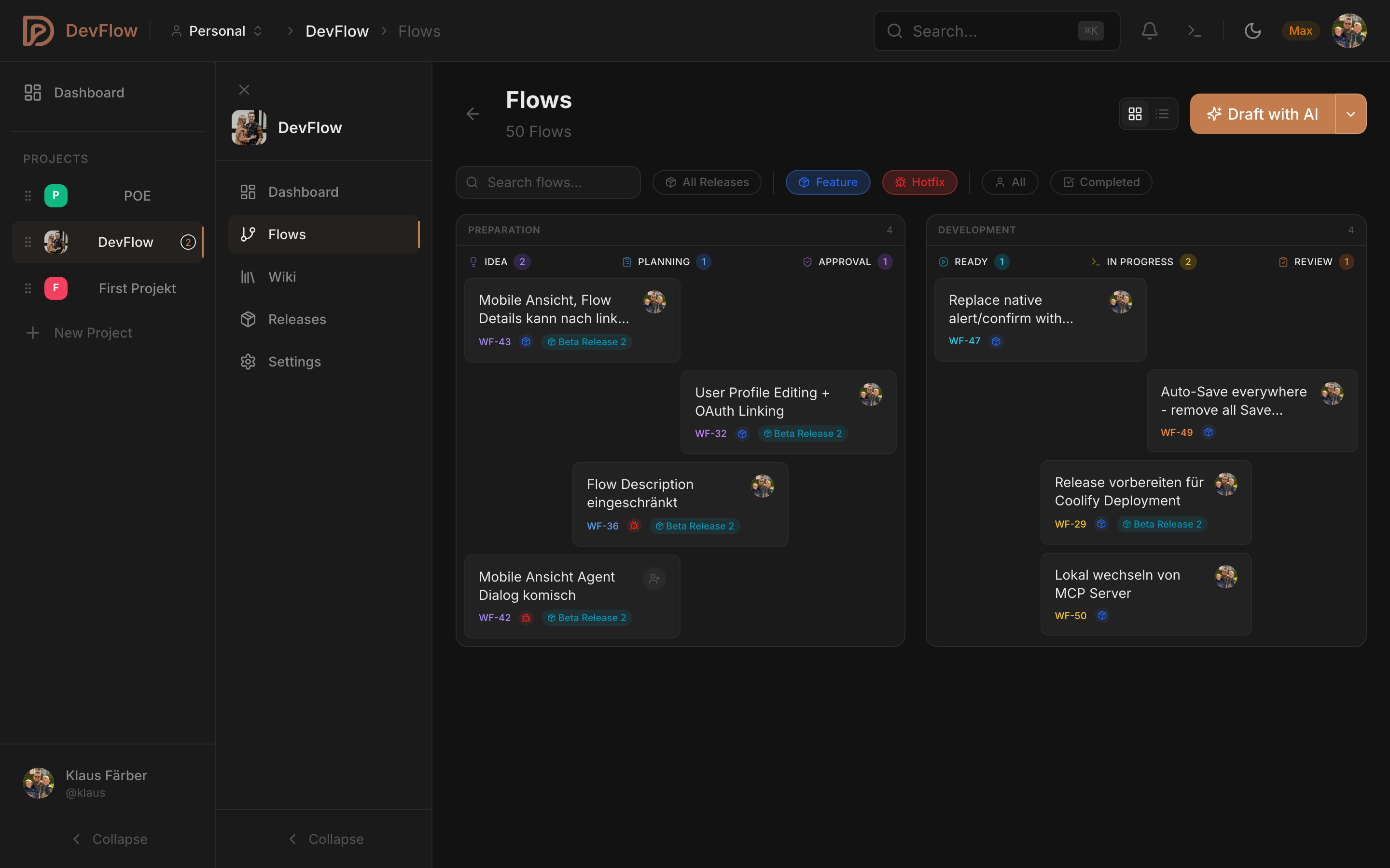 DevFlow Kanban board showing flows in different states