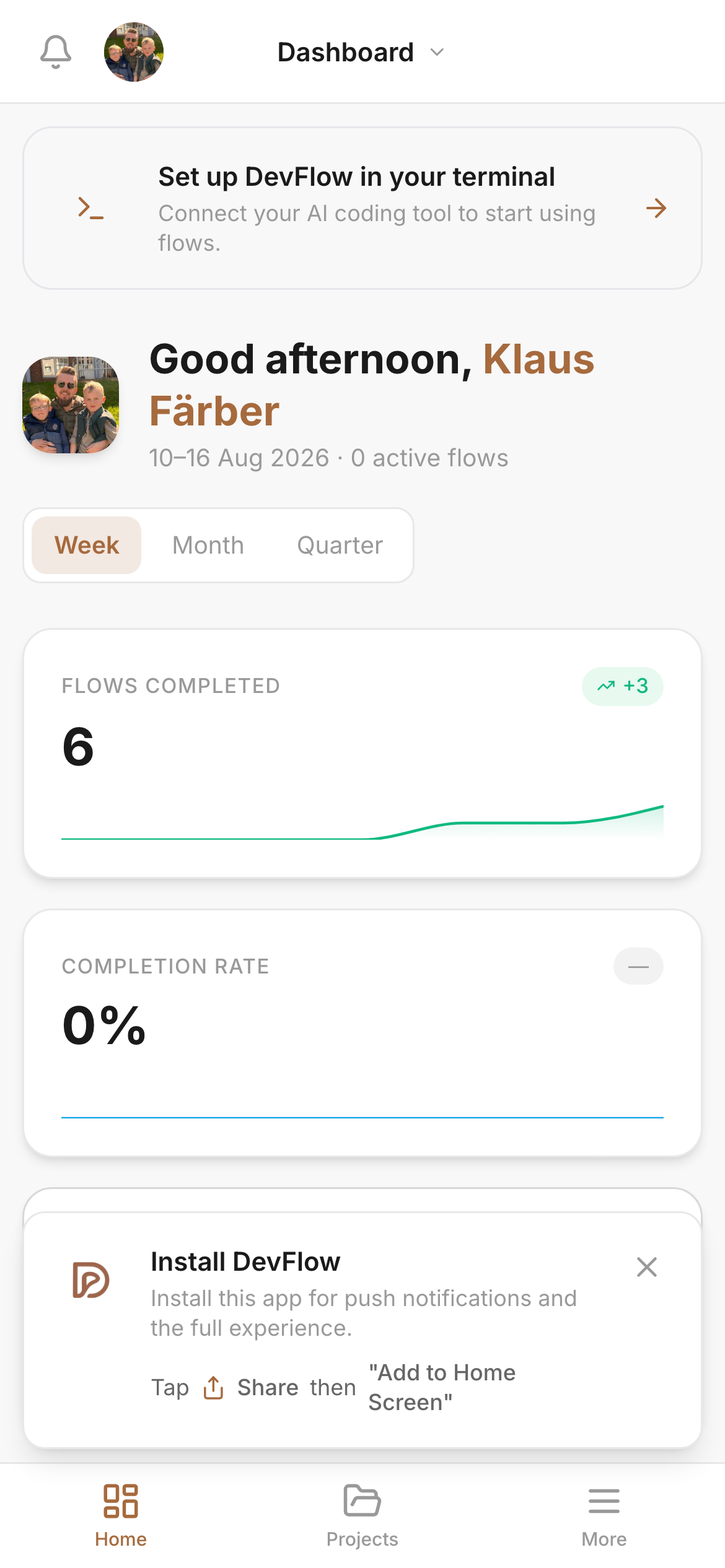 DevFlow dashboard on mobile
