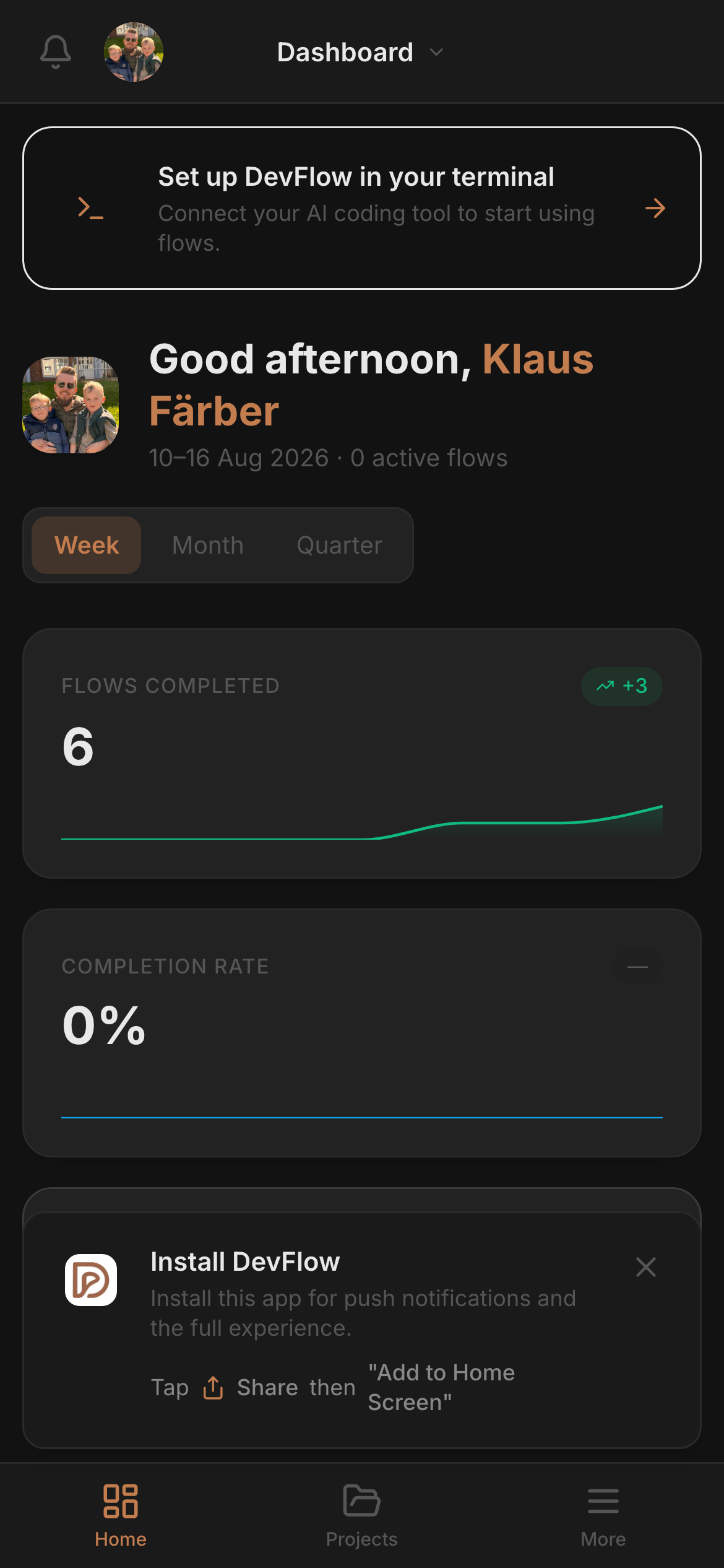 DevFlow dashboard on mobile