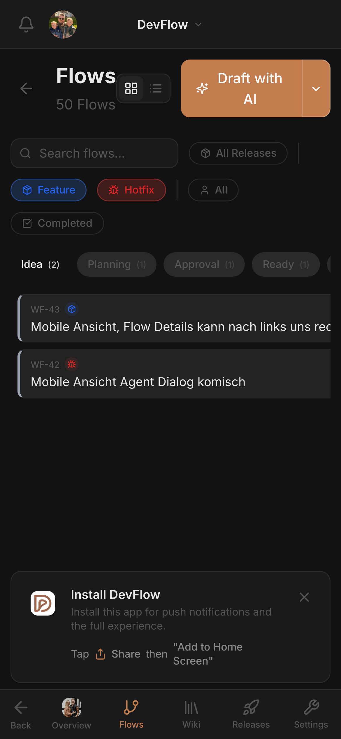 DevFlow flows on mobile