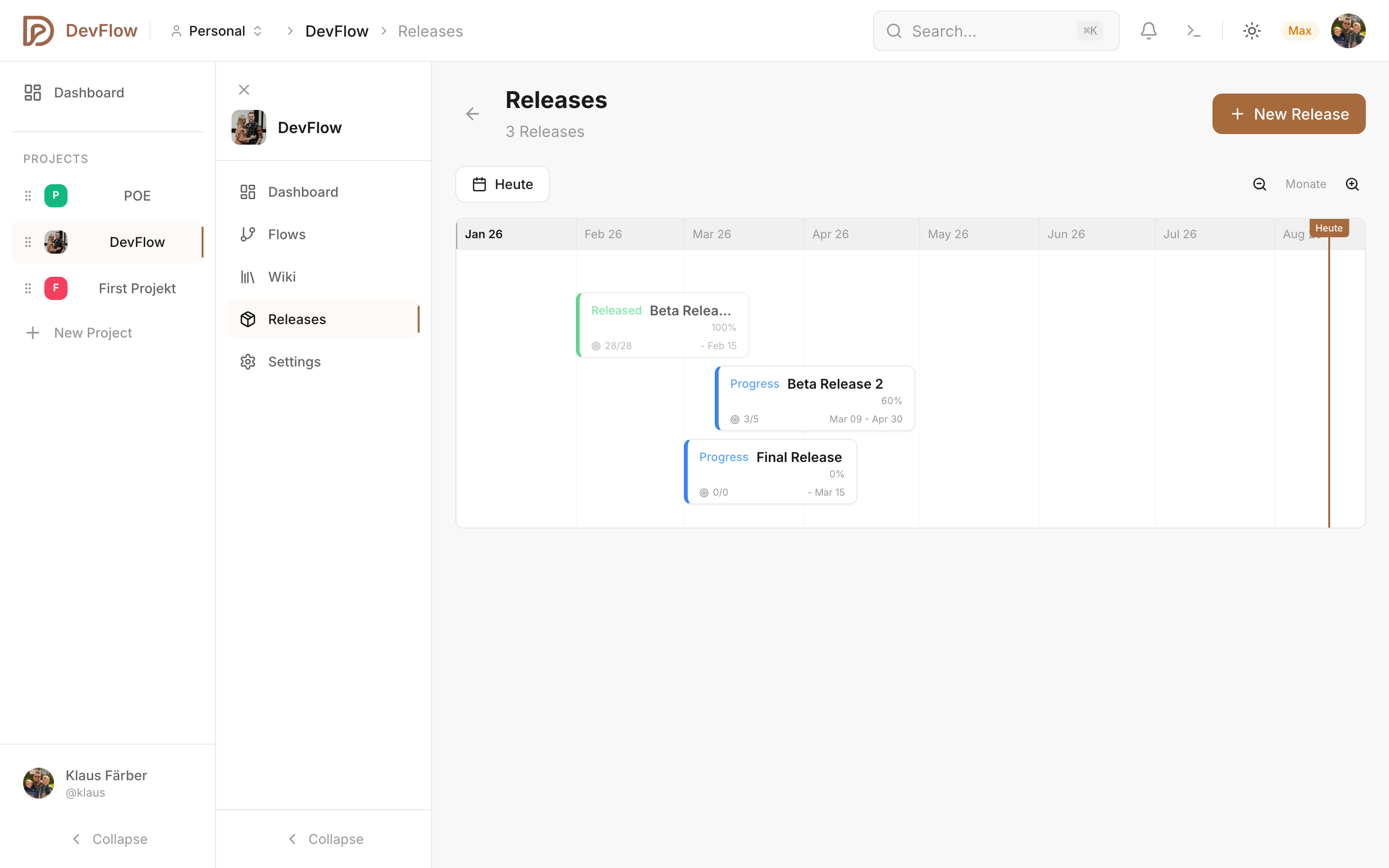 DevFlow release management with version tracking and progress